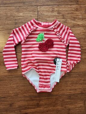 Nicole Miller Pink & Red Striped One-Piece Rashguard Swimsuit Cherry, 12 Months